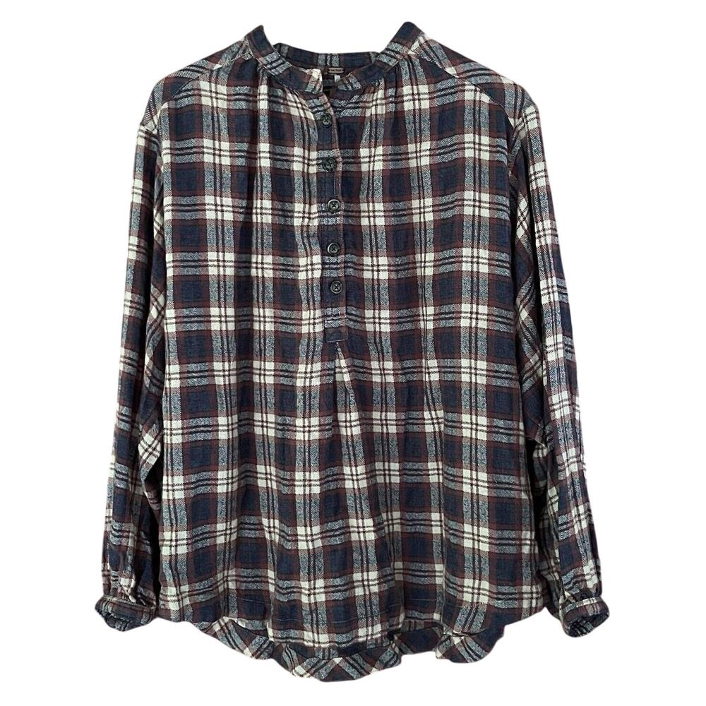 Free People Top Plaid Band Collar 1/4 Button Long Sleeve Boho Womens Medium